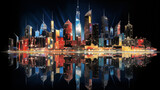 Fototapeta Londyn - Neon-lit city skyline reflected in a polished and reflective surface