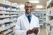 © Iftikhar alam - A scientist in a white lab coat holds a tablet for conducting research and analyzing data., Pharmacist smiling while holding a tablet in a drug store, AI Generated