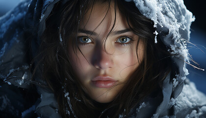 Poster - Young woman with brown hair looking at camera in winter generated by AI