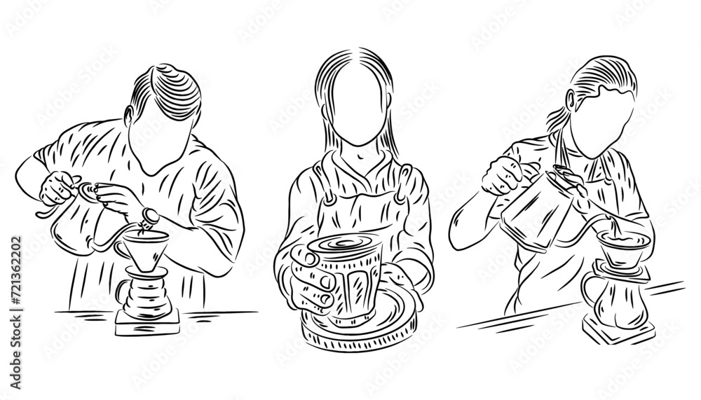 line art illustration of barista serve a coffee Stock Vector | Adobe Stock