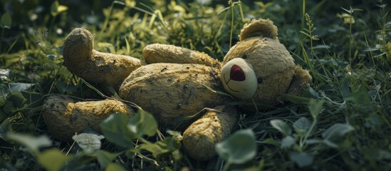 Wall Mural - Destroyed Teddy Bear lying in the Grass - A Heartbreaking Scene of a Destroyed Teddy Bear amidst the Beauty of the Green Grass