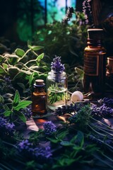 vials of essential oils and herbs on a dark background. The concept of health