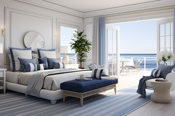 Nautical inspired bedroom with crisp whites and navy accent