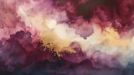 A watercolor abstract of a thunderstorm, with dramatic flashes of gold amidst a dark burgundy sky