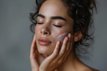 A lovely Hispanic lady with flawless complexion and natural makeup, smiling and pampering her healthy skin against a grey backdrop.