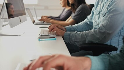 Poster - Pc, hands and typing with business people, keyboard and closeup with deadline and research for a project. Analysis, group or coworkers with connection or website information with teamwork or computer