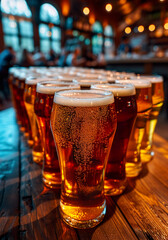 Wall Mural - Beer glasses lined up form an attractive vision of conviviality and celebration. Glasses of beer in a setting of relaxation and sharing good times. Lots of beer for a lively toast.