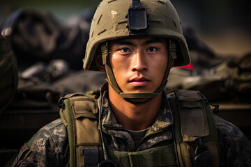 Sticker - Portrait of a young Asian soldier in a military uniform looking at the camera