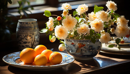 Wall Mural - Fresh fruit on wooden table, nature healthy summer refreshment generated by AI