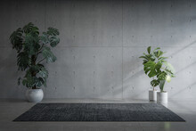 Empty Concrete Wall With Carpet On The Floor. 3d Rendering Of Abstract Interior Space.