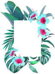 Wall Mural - Frame of tropical flowers and plants. exotic, jungle. Hibiscus, palm, flower of paradise. For registration card