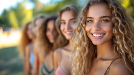 Five beautiful young women standing in a row and smiling at the camera