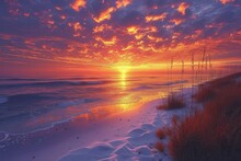 Vibrant Sunset Sky Over Calm Ocean With White Sand Beach And Sea Oats Grass In Foreground