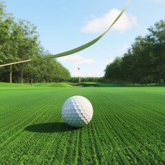 Wall Mural - Golf ball on green with rough and sand trap in the distance