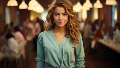 Wall Mural - Young woman with long blond hair smiling confidently indoors generated by AI