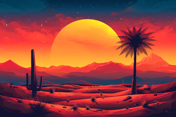 Wall Mural - psychedelic and surreal scenery with cactus and palm tree in the desert