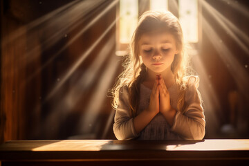 Wall Mural - Young baby girl pray in church Christian life crisis prayer to god. Children Hands praying to god with bible on sunlight glare.