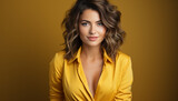 Fototapeta  - Beautiful woman with curly hair and confident smile in yellow generated by AI