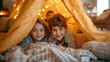 Kids building a fort with cushions and blankets, creating a playful atmosphere in the living room, [A strong happy family with children spending time together in their large bright