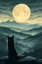 Vector Illustration Of A Howling Wolf Standing On The Hill With A Panoramic View Of Mountains, Forest And Beautiful Sunset.