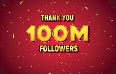 Wall Mural - Golden 100M isolated on red background with golden confetti, Thank you followers peoples,1M online social group,100M