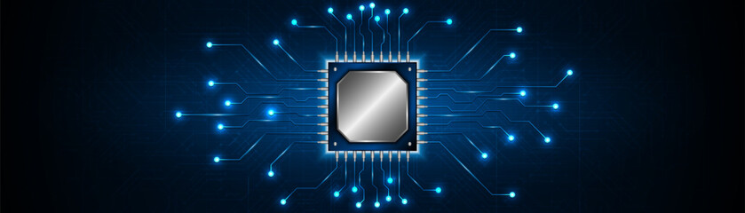 Leinwandbilder - Microchip processor circuit board technology on dark blue background. Information Processing Concept. Circuit board hi-tech technology background. vector illustration	