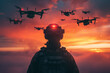 Silhouette of a drone warrior wearing goggles stands with a commanding posture as a swarm of drones hovers in the sky, against a vivid sunset backdrop.