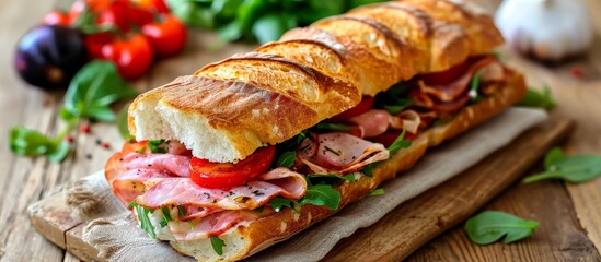 Wall Mural - Delicious Ciabatta Sandwich: A Mouthwatering Blend of Flavor, Texture, and Satisfaction in Every Bite