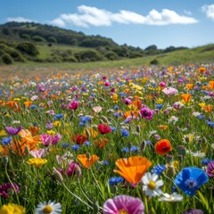 Wall Mural - Field of wildflowers with colorful poppies, daisies, and other wildflowers in bloom