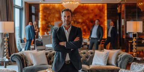 Wall Mural - Handsome man, along with his team of startup managers, standing in the opulent backdrop of a luxury office.