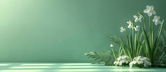 Wall Mural - White spring flowers on a green background, empty space on the left. Generative AI