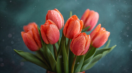 Wall Mural - Bouquet of red-orange tulips with raindrops on a dark blue background. Idea for spring holidays. Generative AI.