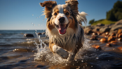 Poster - Cute puppy playing in the water, purebred Australian Shepherd jumping generated by AI