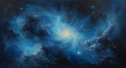 Oil hand painting on canvas of blue space nebula galaxy abstract, visible brush strokes watercolor from Generative AI