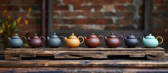 Sticker - Exquisite Asian Teapots Set on a Rustic Wooden Table: A Perfect Blend of Elegance and Tradition in this Asian Teapots Set on a Wooden Table Display