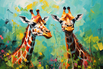 Wall Mural - Giraffe animal oil painting artwork - hand painted giraffe head colorful whimsical watercolor illustration panorama canvas art portrait - zoo animal wildlife jungle mammal wallpaper background