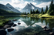 Serene lake surrounded by mountains background