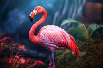 Wall Mural - flamingos are standing in a green area