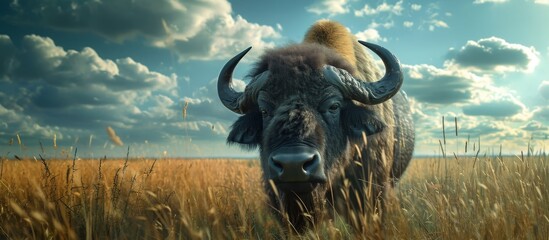 Poster - Lush Countryside Life Captured: Majestic Buffalo Roaming the Scenic Countryside in the Circle of Life