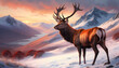 Majestic deer Standing Proud Among Snow-Capped Mountain Ranges at sunset