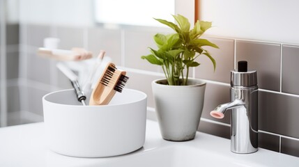 Wall Mural - The Artful Display of Makeup Brushes in a Bucket on a Sophisticated Bathroom Sink