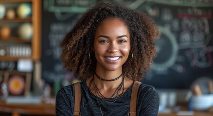 Wall Mural - A cheerful woman with a beautiful smile and dreadlocks wearing stylish clothing poses for a portrait indoors, radiating warmth and happiness through her human face