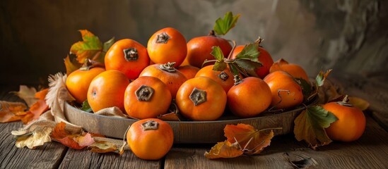 Sticker - Delicious and Ripe Persimmon Fruit on a Wooden Table: A Delectable Display of Delicious, Ripe Persimmon Fruit Arranged Artfully on a Wooden Table