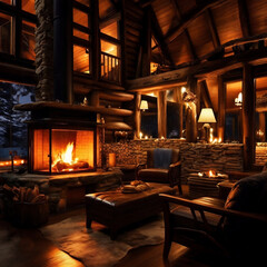 Interior of cozy living room with fireplace, lounge table and armchairs at night. A warm lit fireplace in a luxury cottage.