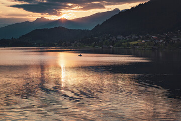 Canvas Print - Romantic sunset on the mountain lake