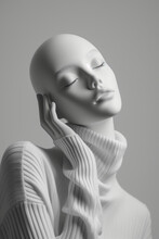 White Female Mannequin Wearing Knit Turtleneck Sweater Hand On Face Isolated On Light Gray Studio Background