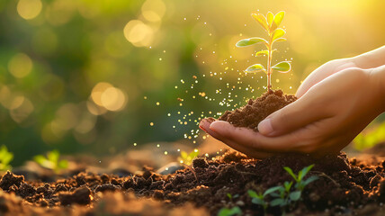 Two hands holding a little plant with soil ,golden light in the morning environment friendly concept.