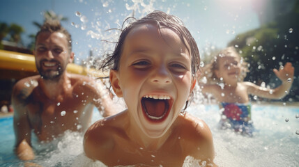 A family from various backgrounds having a joyful day at a water park,  splashing and cooling off