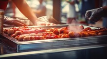 A Man Is Making A Purchase Of Two Hot Dogs At An Outdoor Kiosk Selling Street Food With A Close Up View.