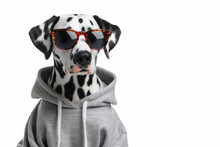 Dalmatian Dog Dressed In A Sweatshirt And Sunglasses, Isolated On White Background. Ai Generative